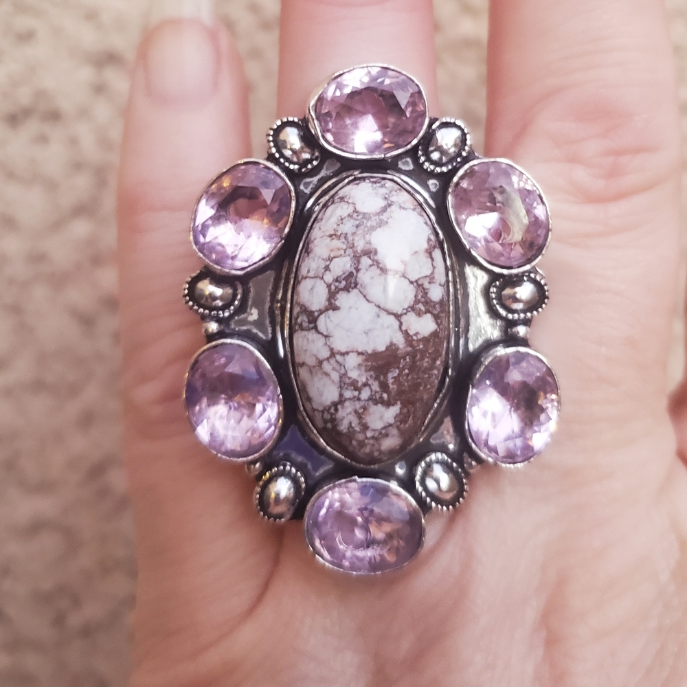 New Wild Horse & Kunzite 925 Silver Statement Ring.
